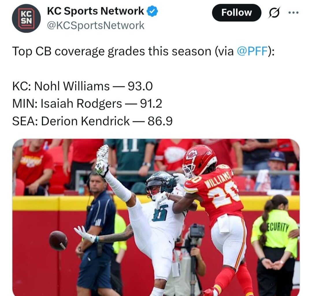 [KC Sports Network] Top CB coverage grades this season (via @PFF ): KC: Nohl Williams — 93.0; MIN: Isaiah Rodgers — 91.2; and SEA: Derion Kendrick — 86.9