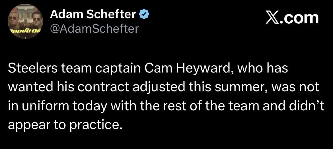 [Schefter] Steelers team captain Cam Heyward, who has wanted his contract adjusted this summer, was not in uniform today with the rest of the team and didn’t appear to practice.