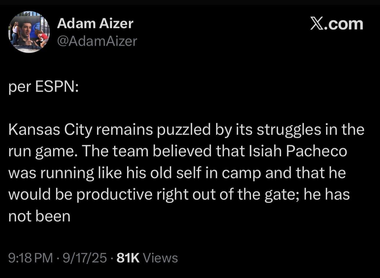 [Adam Aizer] per ESPN: Kansas City remains puzzled by its struggles in the run game. The team believed that Isiah Pacheco was running like his old self in camp and that he would be productive right out of the gate; he has not been