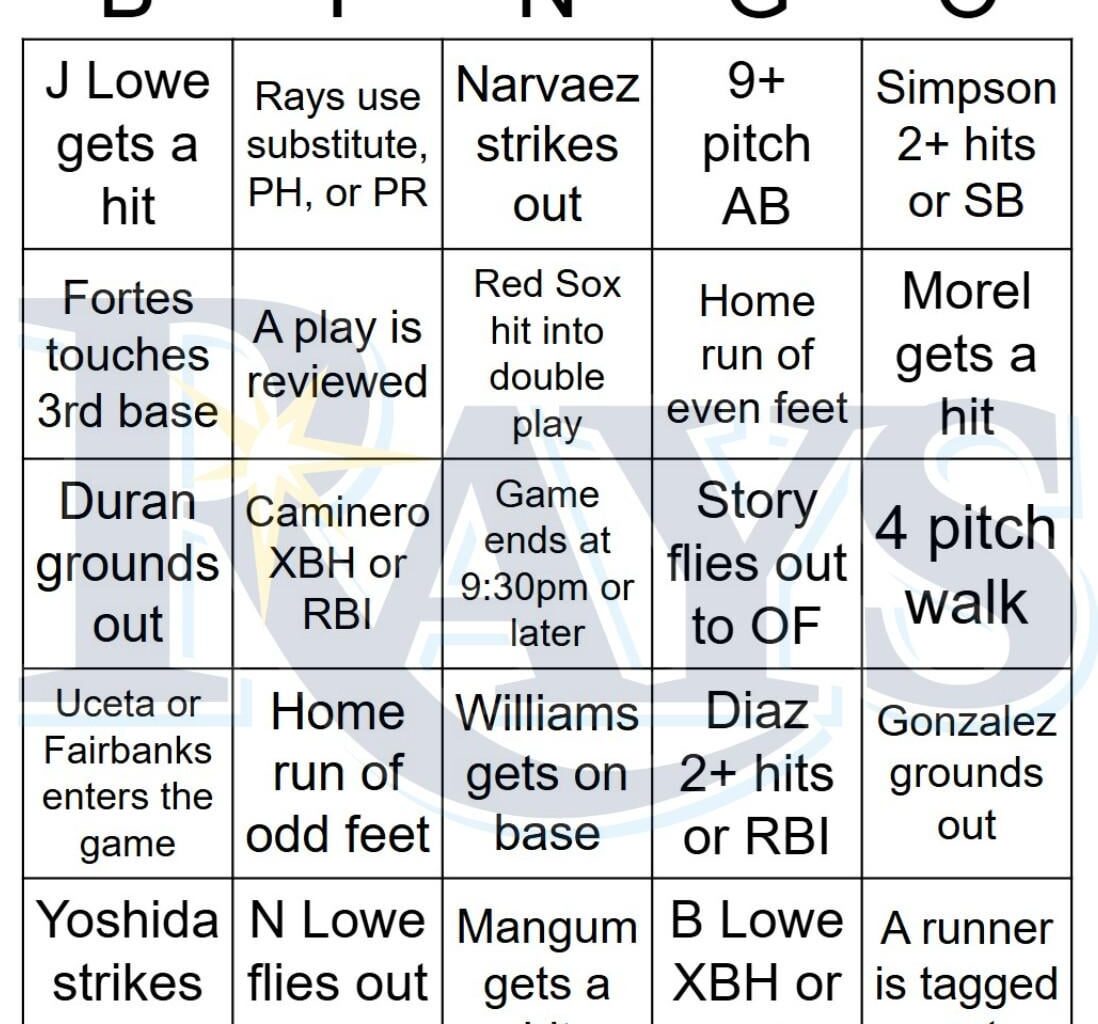 Rays vs Red Sox Bingo, 9/20/2025