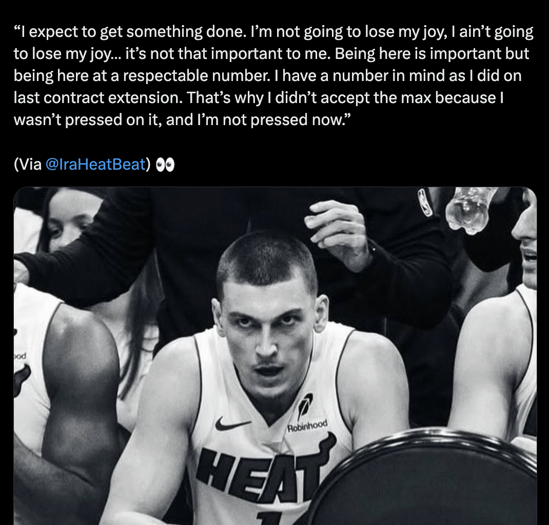 Tyler Herro: "I expect to get something done. I’m not going to lose my joy, I ain’t going to lose my joy… it’s not that important to me. Being here is important but being here at a respectable number."
