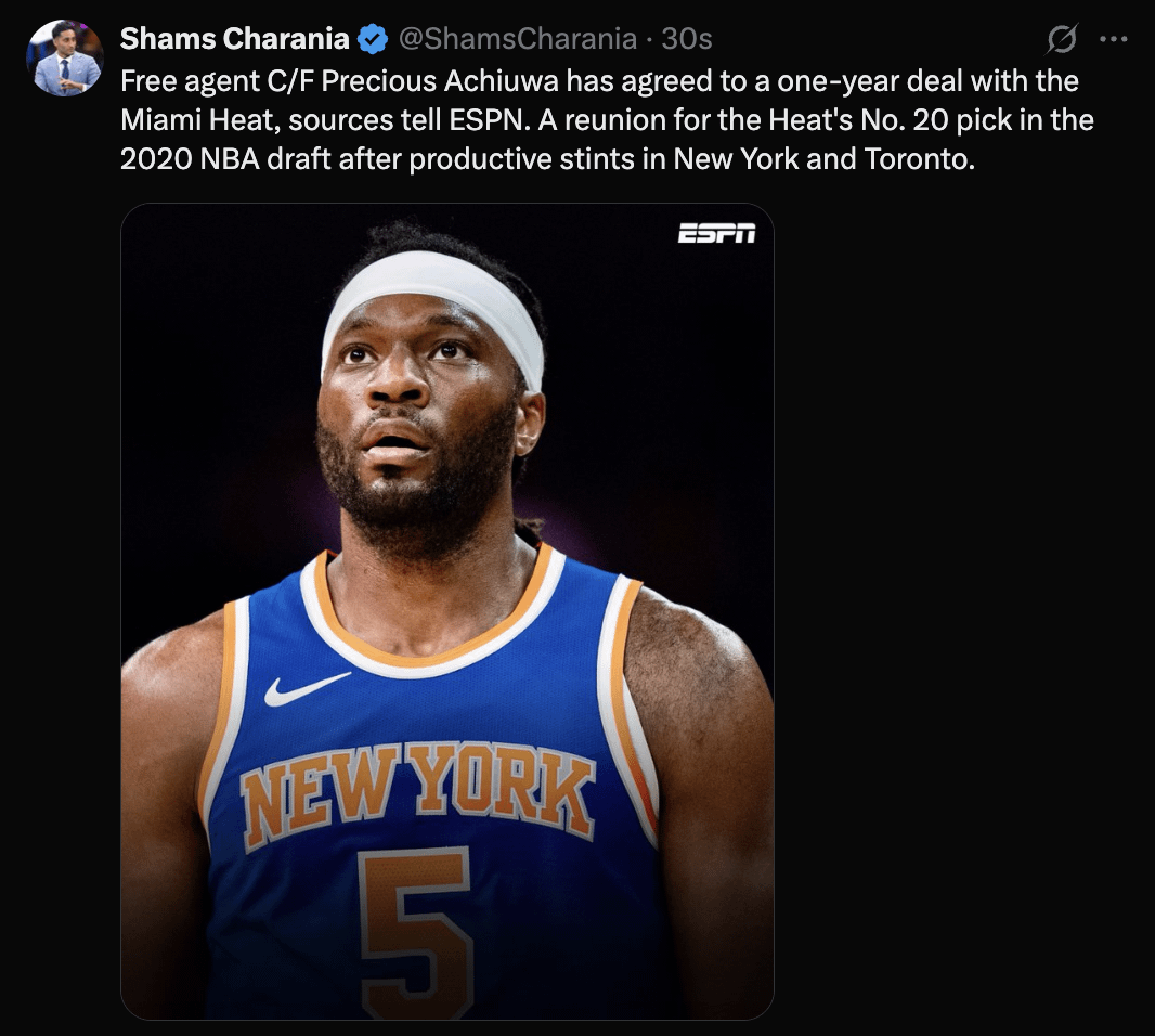 [Shams] Free agent C/F Precious Achiuwa has agreed to a one-year deal with the Miami Heat, sources tell ESPN. A reunion for the Heat's No. 20 pick in the 2020 NBA draft after productive stints in New York and Toronto.