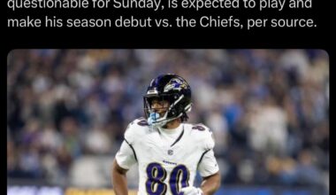 [Schefter] Ravens TE Isaiah Likely, who missed the first three games this season with a foot injury and is listed as questionable for Sunday, is expected to play and make his season debut vs. the Chiefs, per source.