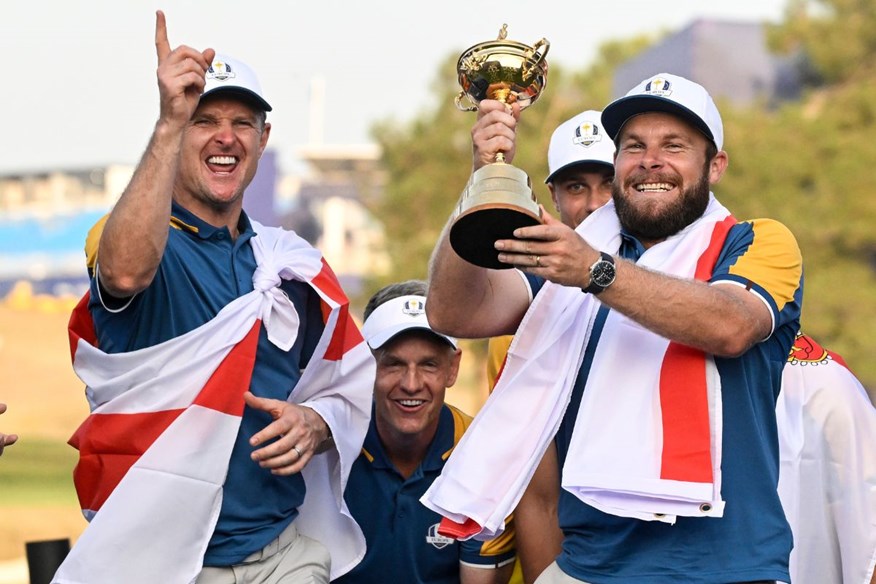 Justin Rose and Tyrrell Hatton celebrating winning the 2023 Ryder Cup