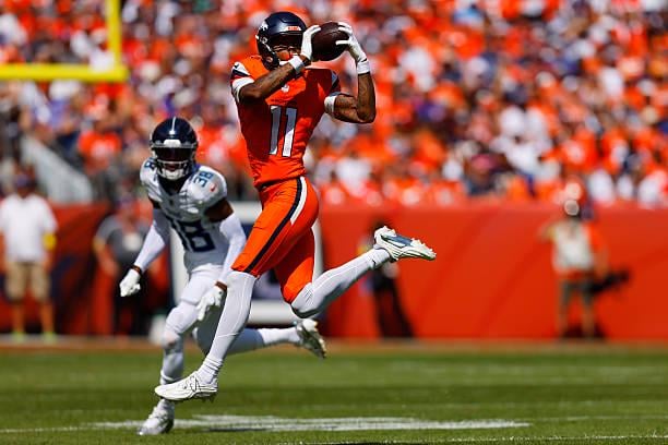 [OC] Troy Franklin currently leads NFL WRs in broken tackles on receptions, ranks 6th among WRs in YAC as over half of his yards have come after the catch (73), and he ranks 9th among WRs in catch percentage.