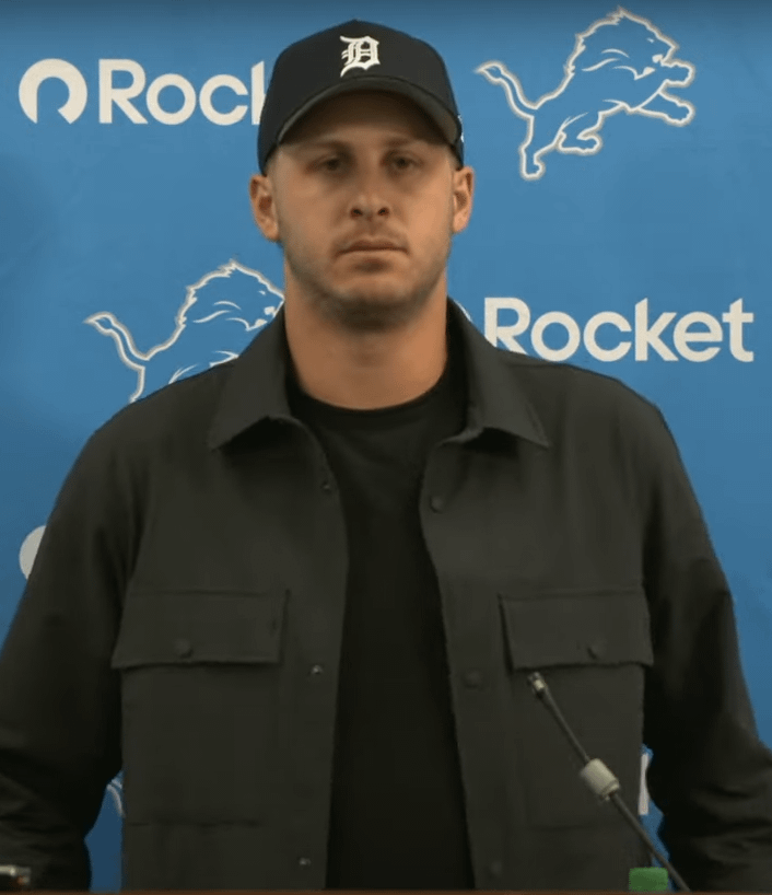 Jared Goff with a Tigers hat in his post game press conference.