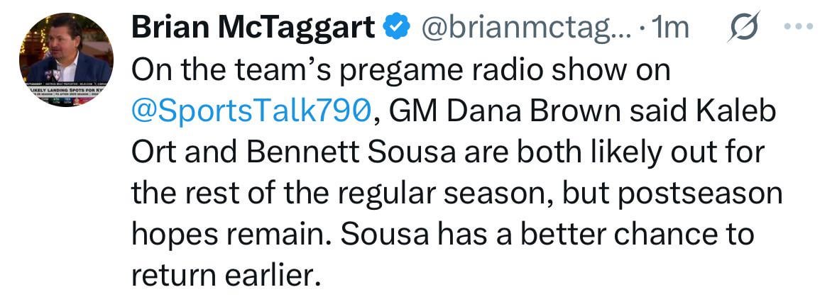 Sousa and Ort Likely Out For Rest Of The Regular Season