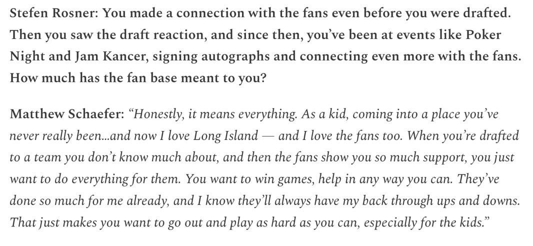 Matthew Schaefer on his relationship with Islanders fans