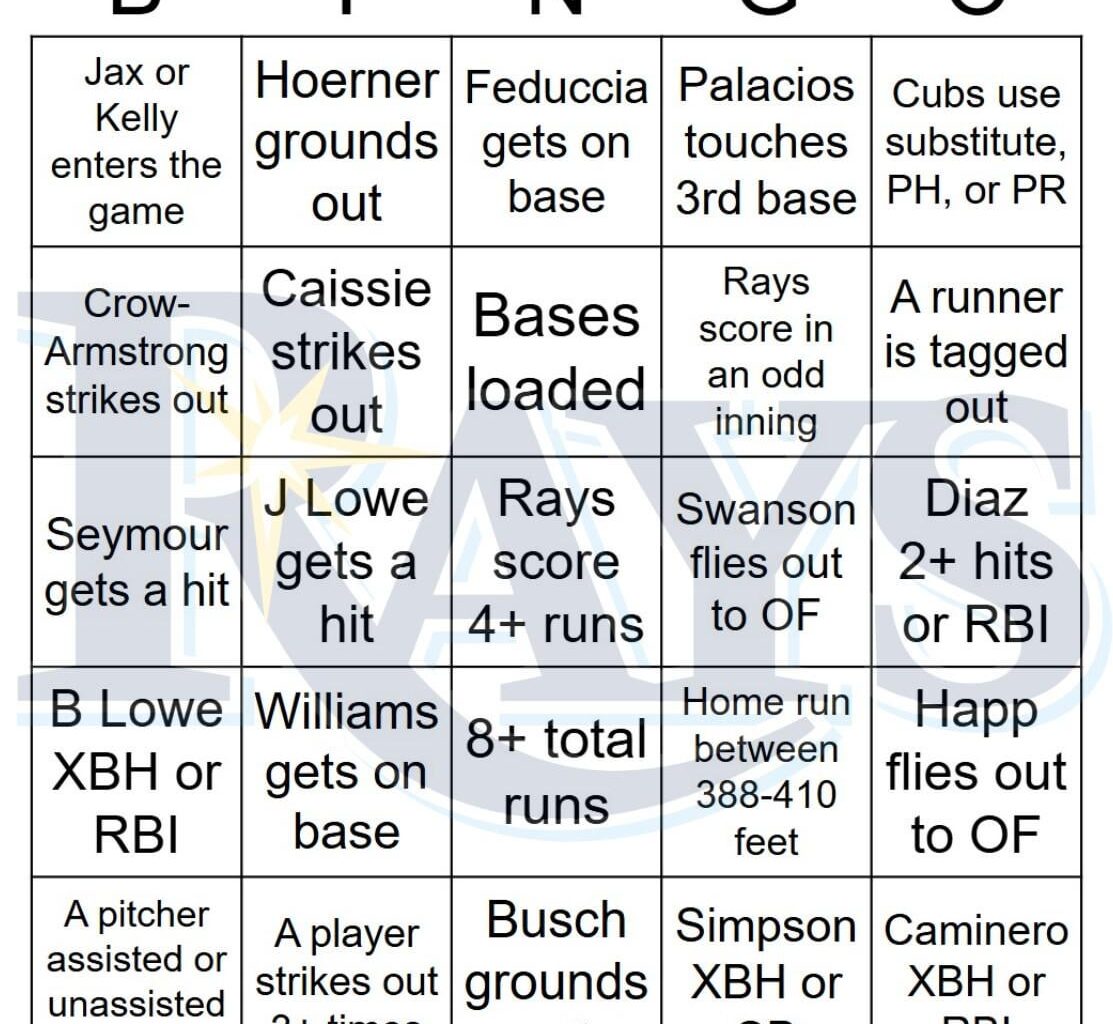 Rays vs Cubs Bingo, 9/13/2025