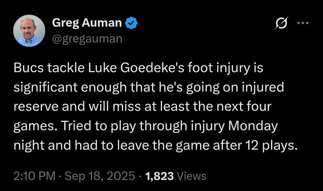 [Auman] Bucs tackle Luke Goedeke's foot injury is significant enough that he's going on injured reserve and will miss at least the next four games. Tried to play through injury Monday night and had to leave the game after 12 plays.