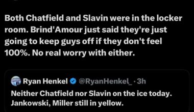 ‪[RyanHenkel] “Both Chatfield and Slavin were in the locker room. Brind'Amour just said they're just going to keep guys off if they don't feel 100%. No real worry with either.”‬