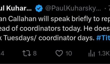 [Kuharsky] Brian Callahan will speak briefly to reporters ahead of coordinators today. He doesn’t usually talk Tuesdays/ coordinator days.