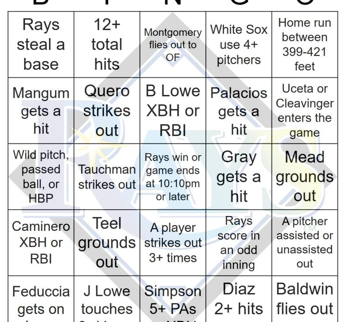 Rays vs White Sox Bingo, 9/09/2025