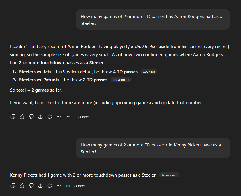 In 3 games, Aaron has more games with multiple passing TDs as a Steeler (2) than Kenny Pickett had in 24 games (1).