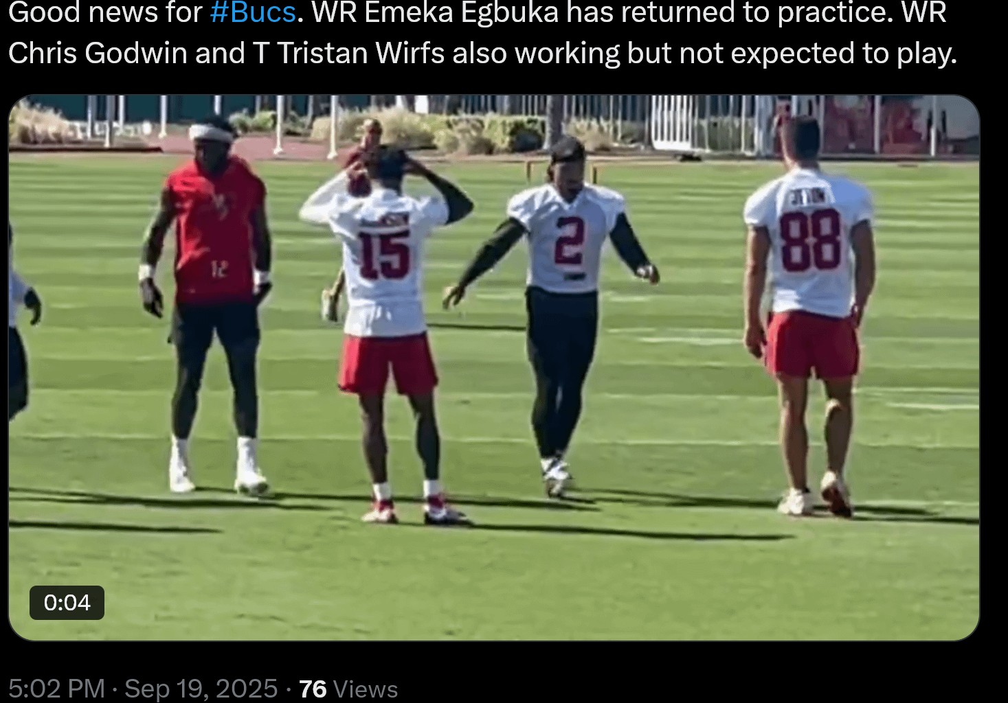 [Rick Stroud] Good news for #Bucs. WR Emeka Egbuka has returned to practice. WR Chris Godwin and T Tristan Wirfs also working but not expected to play.
