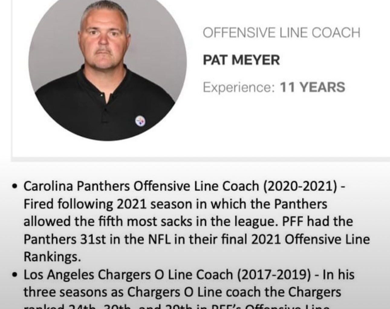 A reminder of Pat Meyer’s NFL track record prior to getting four years as our O-Line coach and the opportunity to develop two first round tackles: