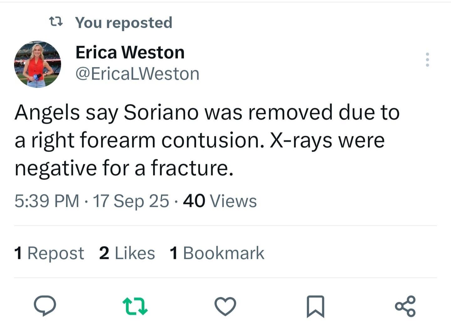 Soriano removed due to forearm contusion. No fracture