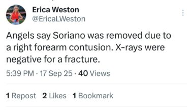 Soriano removed due to forearm contusion. No fracture