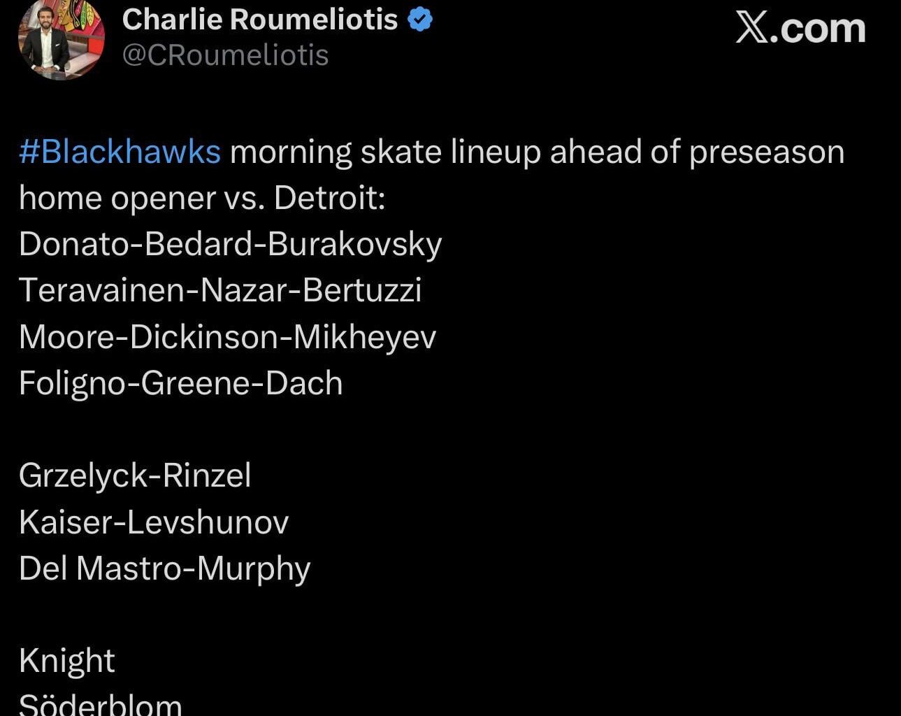 Blackhawks lines tonight for 9/30/25 pre-season home game against Detroit