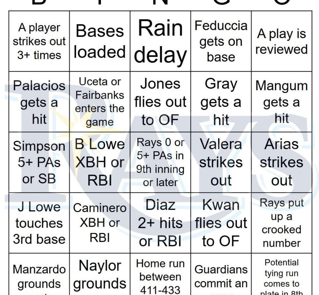 Rays vs Guardians Bingo, 9/06/2025