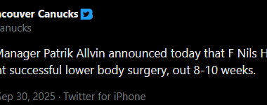 General Manager Patrik Allvin announced today that F Nils Höglander underwent successful lower body surgery, out 8-10 weeks.