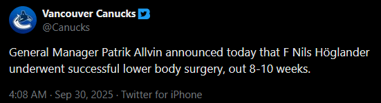 General Manager Patrik Allvin announced today that F Nils Höglander underwent successful lower body surgery, out 8-10 weeks.