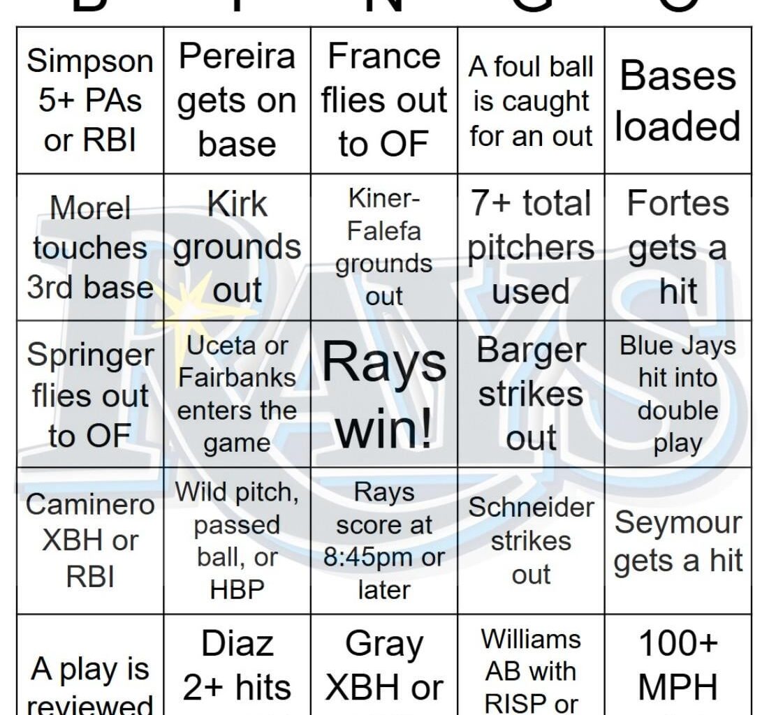 Rays vs Blue Jays Bingo, 9/17/2025