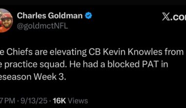 [Goldman] The Chiefs are elevating CB Kevin Knowles from the practice squad. He had a blocked PAT in preseason Week 3.