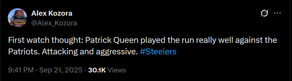 [Kozora] First watch thought: Patrick Queen played the run really well against the Patriots. Attacking and aggressive.