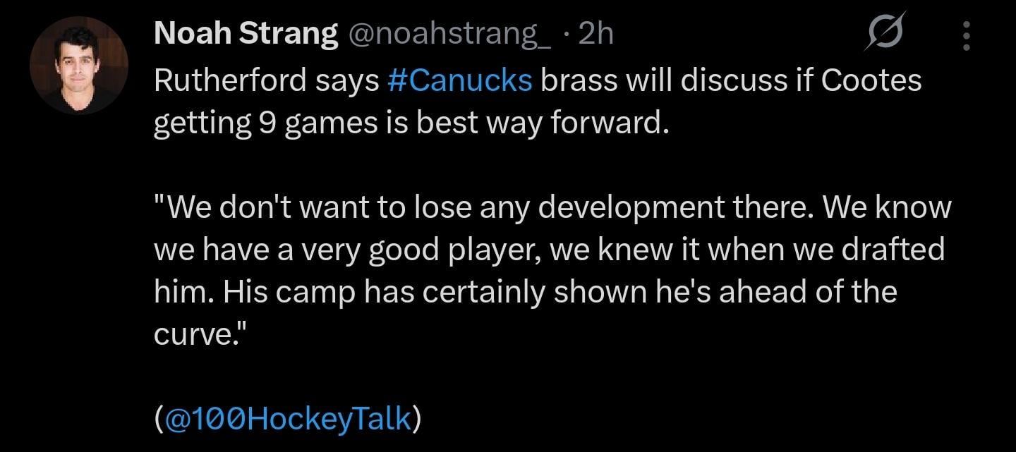Rutherford says #Canucks brass will discuss if Cootes getting 9 games is best way forward. @noahstrang_ [X/Twitter]