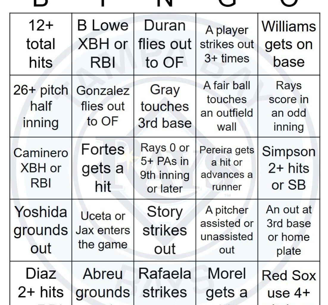 Rays vs Red Sox Bingo, 9/21/2025