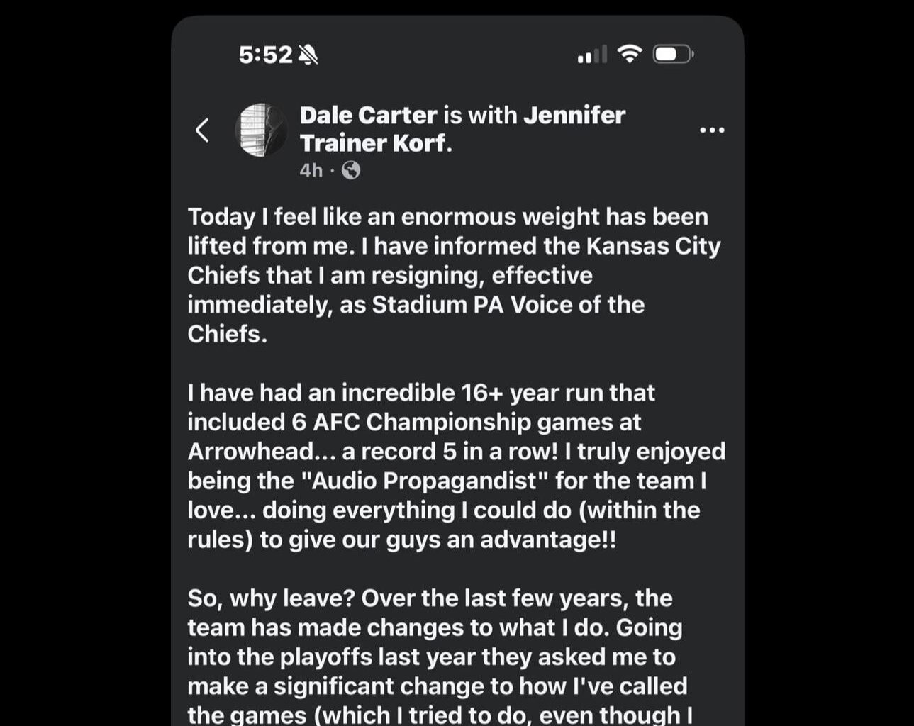 [Matt Derrick] Longtime Chiefs public address announcer Dale Carter announced today he’s stepping down from his role with the club immediately. His “third down” call will be missed by Chiefs fans. No immediate word on his replacement.