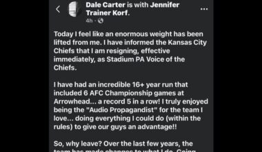 [Matt Derrick] Longtime Chiefs public address announcer Dale Carter announced today he’s stepping down from his role with the club immediately. His “third down” call will be missed by Chiefs fans. No immediate word on his replacement.