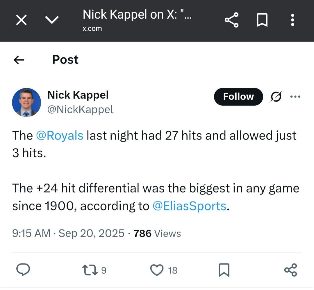 [Nick Kappel] The @Royals last night had 27 hits and allowed just 3 hits. The +24 hit differential was the biggest in any game since 1900, according to @EliasSports .