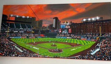 A painting of a picture I took of Camden Yards painted by Jimmy Troderman hung next to a picture I took of Nats Park