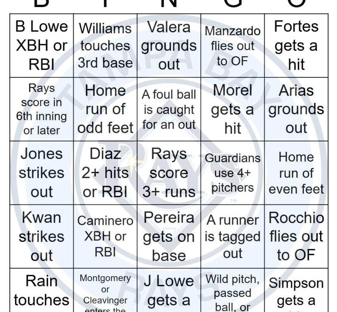 Rays vs Guardians Bingo, 9/07/2025