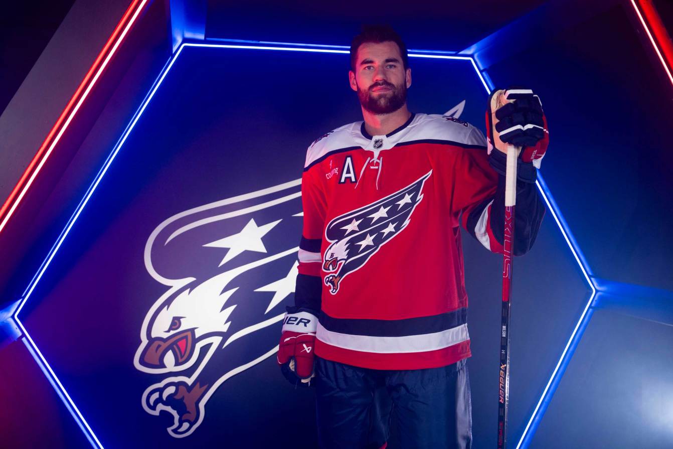 Tom Wilson wearing the Washington Capitals' Screaming Eagle third jersey in red, white, and blue