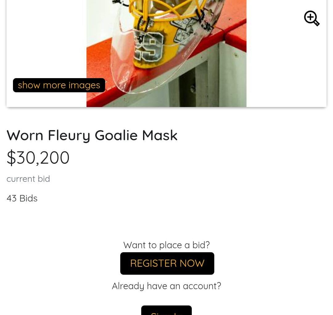 Auction for game warn mask from Jackets Game