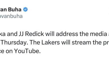 Rob Pelinka and JJ Redick will hold a press conference on Thursday at 1:30 PT