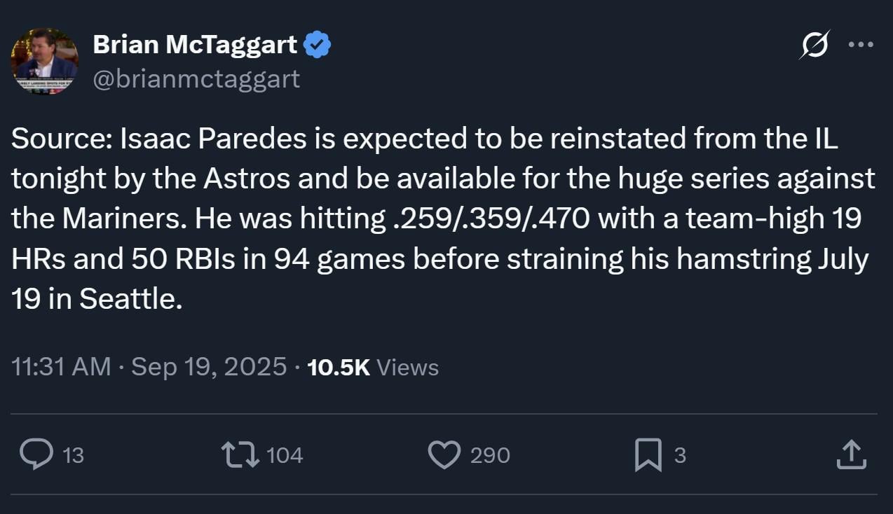 Isaac Paredes coming off the IL tonight!