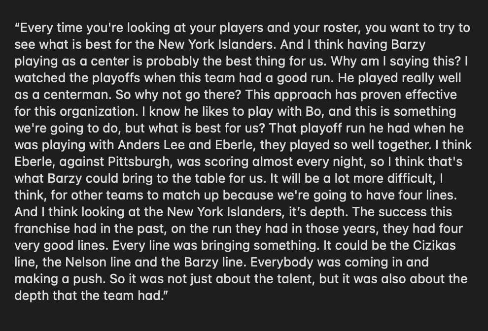 Roy on the decision to move Barzal back to center