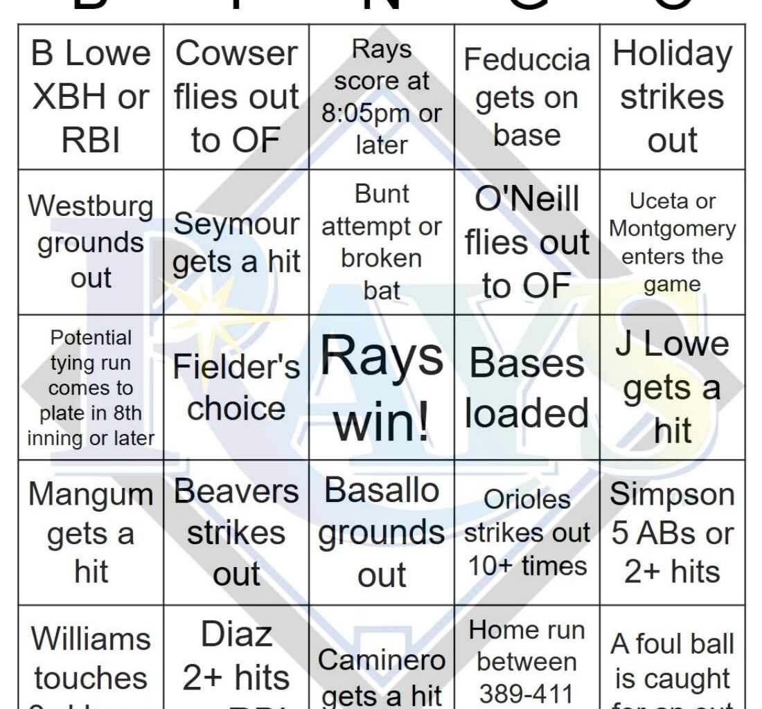 Rays vs Orioles Bingo, 9/23/2025
