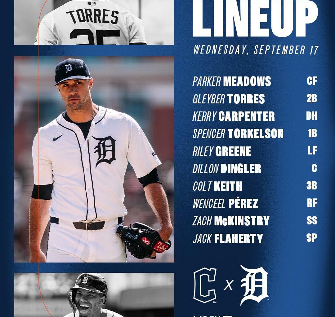 Detroit Tigers’ starting lineup for tonight’s game against the Cleveland Guardians!