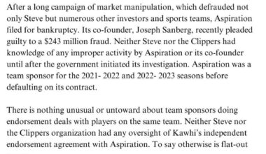 [Charania]: Clippers statement: Neither the Clippers nor Steve Ballmer circumvented the salary cap. The notion that Steve invested in Aspiration in order to funnel money to Kawhi Leonard is absurd. Steve invested because Aspiration's co- founders presented themselves as committed to doing right