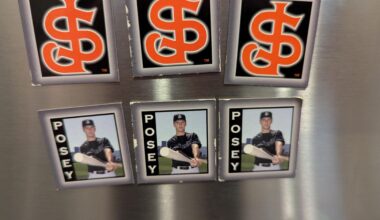 My hubs found these cleaning his home office. A giveaway in either the '08 or '09 season when Buster played for the San Jose Giants. We saw MadBum play during the '09 season too. Good times!