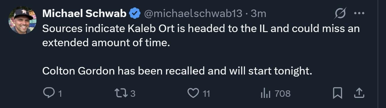 Kaleb Ort to IL    Colton Gordon to start tonight