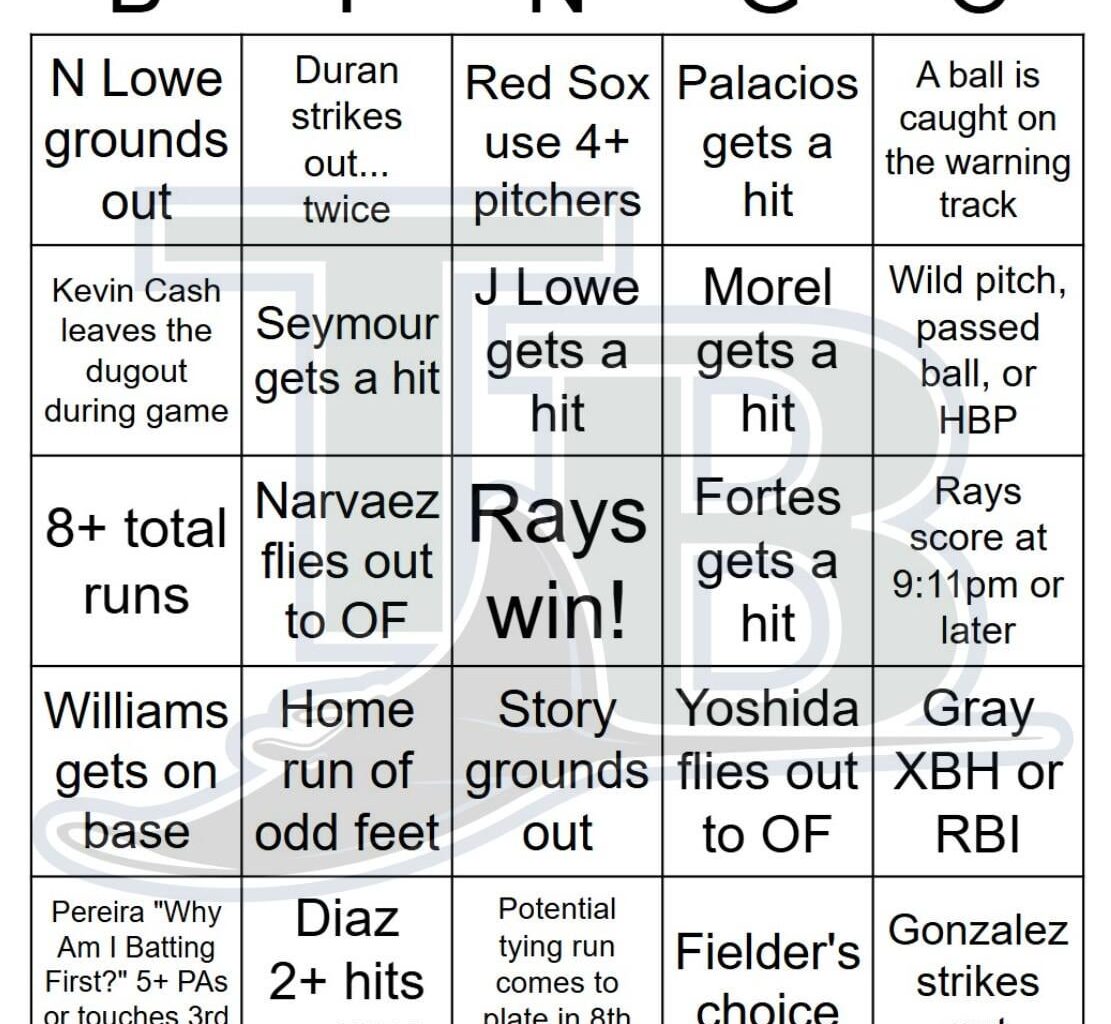 Rays vs Red Sox Bingo, 9/19/2025