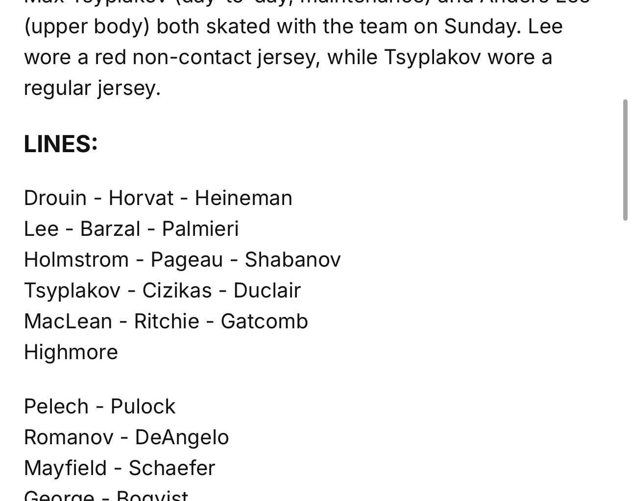 Islanders remaining lines/players at training camp