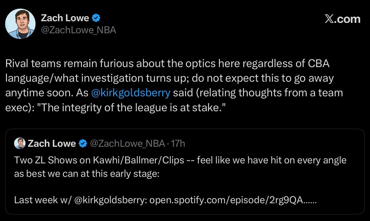 [Zach Lowe] Rival teams remain furious about the optics here regardless of CBA language/what investigation turns up; do not expect this to go away anytime soon. As Kirk Goldsberry said (relating thoughts from a team exec): "The integrity of the league is at stake."