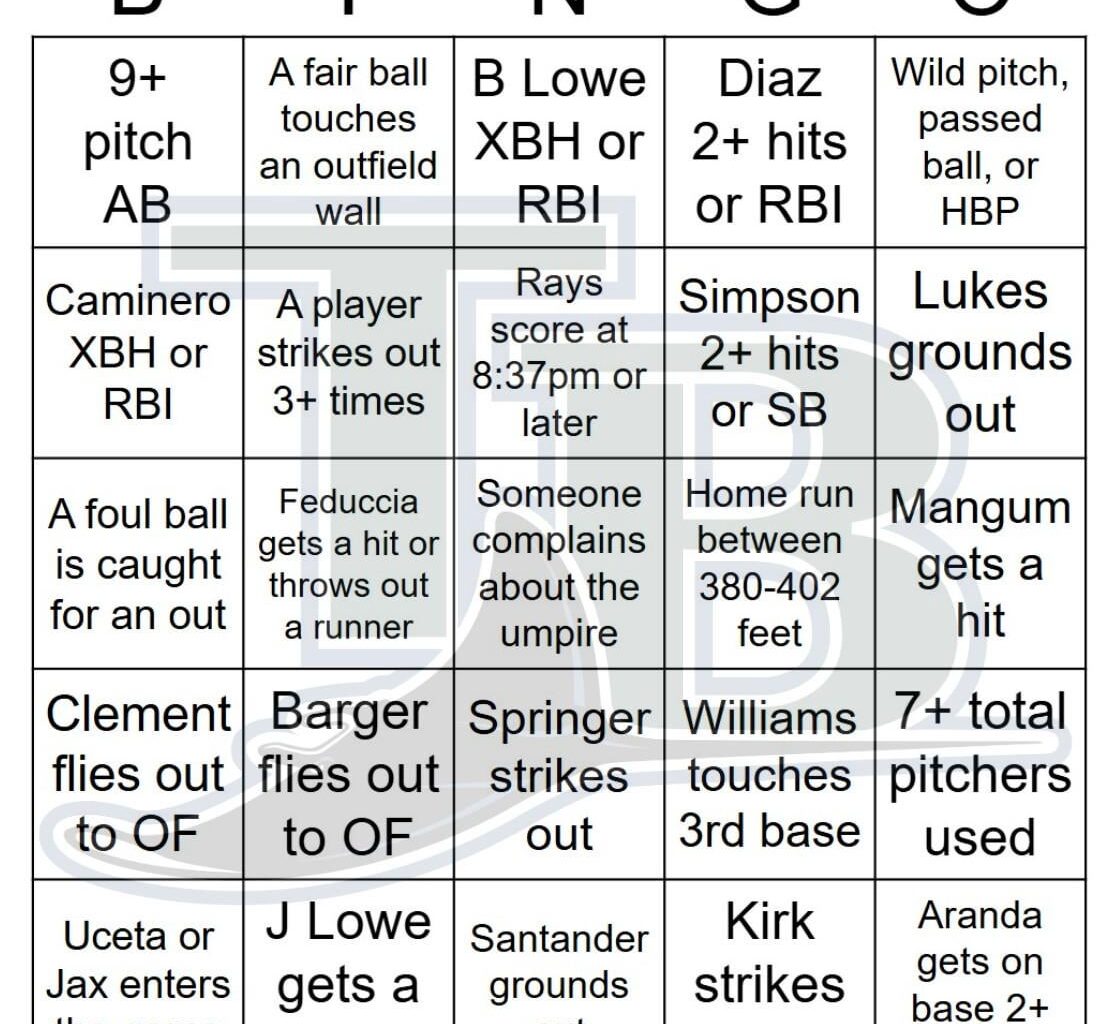 Rays vs Blue Jays Bingo, 9/26/2025
